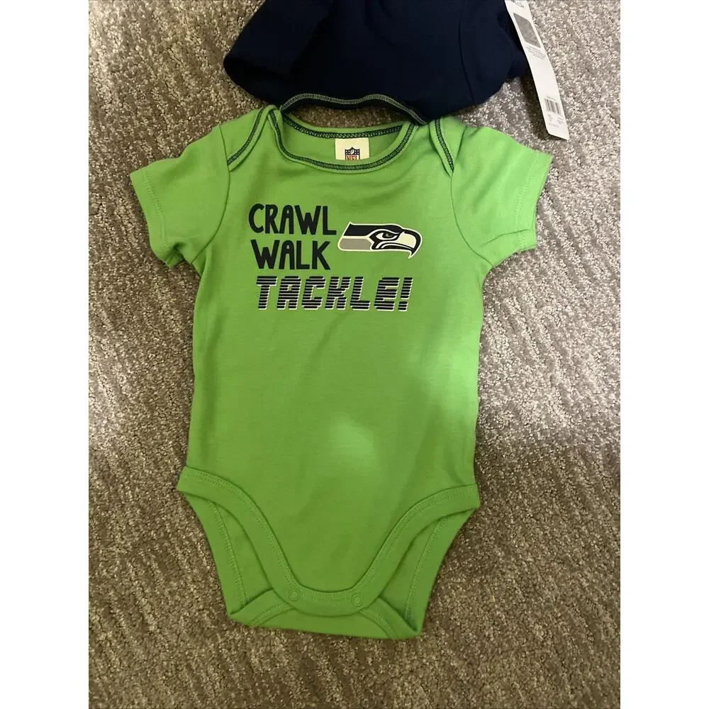 2-Infant NFL Licensed Seattle Seahawks Bodysuit Size 0-3mo Blue & Green NWT